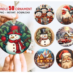 Grande pacchetto ornamento rotondo di Natale, disegni di sublimazione, pacchetto PNG di Natale pupazzo di neve, disegni PNG di ornamento di Natale rotondo, download digitale