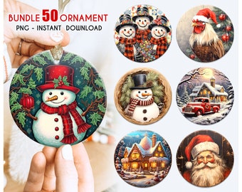 Großes Bündel Weihnachten Runde Ornament, Sublimation Designs, Schneemann Weihnachten PNG Bundle, Runde Weihnachten Ornament PNG Designs, digitaler Download
