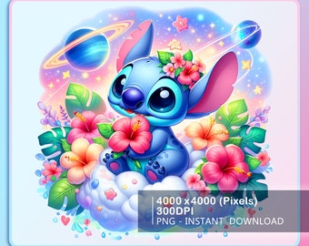 May include: A blue Stitch character from the Disney movie Lilo & Stitch, sitting on a fluffy white cloud surrounded by pink and yellow hibiscus flowers. The background is a pastel blue and pink sky with stars and a blue planet with rings.