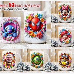 Bundle 54 Spring Cartoon Mug Wrap, 3D Spring Floral Mug, 3D Cartoon Mug, Full Mug Wrap, Sublimation Mug, Instant Download