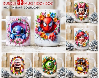 Paquete 54 Envoltura de taza de dibujos animados de primavera, Taza floral de primavera 3D, Taza de dibujos animados 3D, Envoltura de taza completa, Taza de sublimación, Descarga instantánea