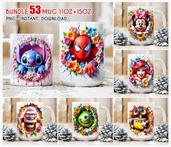 Bundle 54 Spring Cartoon Mug Wrap, 3D Spring Floral Mug, 3D Cartoon Mug, Full Mug Wrap, Sublimation Mug, Instant Download