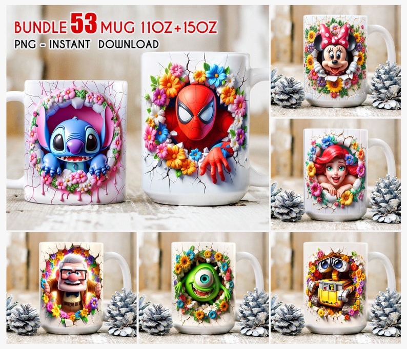 Paquete 54 Envoltura de taza de dibujos animados de primavera, Taza floral de primavera 3D, Taza de dibujos animados 3D, Envoltura de taza completa, Taza de sublimación, Descarga instantánea imagen 1