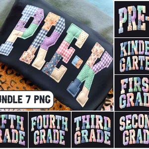 May include: A black sweatshirt with the word "PRE-K" in patchwork letters. The image also includes graphics for "Kindergarten" through "Fifth Grade". The text "BUNDLE 7 PNG" is in a white rectangle.