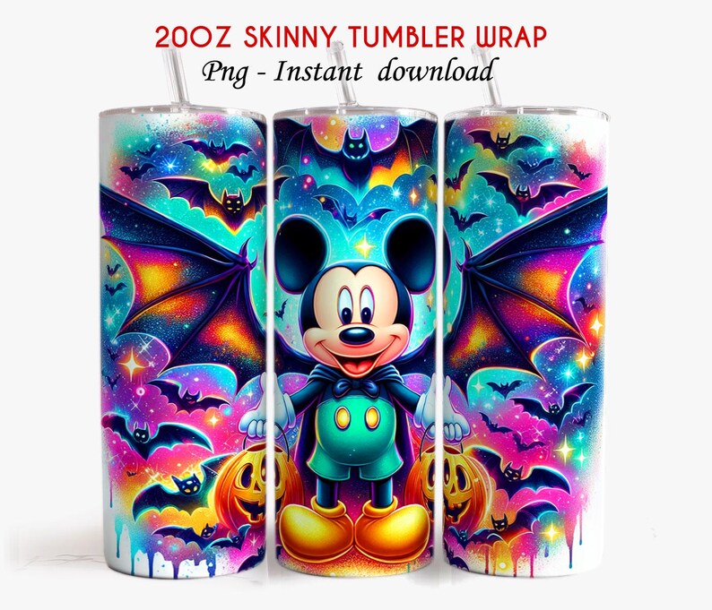 Pu&ograve; includere: Un set di tre involucri per bicchieri sottili da 20 once a tema Halloween. Il design include Topolino, pipistrelli e zucche-lanterna su uno sfondo colorato e stellato. Il testo "20OZ SKINNY TUMBLER WRAP Png - Instant download" &egrave; visibile.