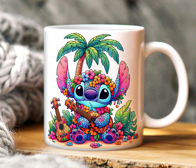 May include: A white ceramic mug with a colorful illustration of Stitch from Lilo & Stitch playing a ukulele. Stitch is wearing a flower lei and surrounded by tropical plants and flowers. The mug has a handle on the right side.