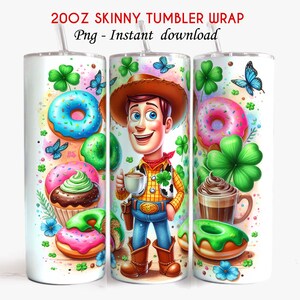 May include: A 20 oz skinny tumbler wrap featuring a cartoon illustration of Woody from Toy Story. The design includes green shamrocks, donuts, cupcakes, and butterflies. The background is a watercolor wash of pink, blue, and green.