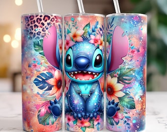 Glitter Stitch Leopard Floral Tumbler Wrap Png, 20 oz Skinny Tumbler Sublimation Design, Stitch Lilo Tumbler Wrap, Floral Tumbler Wrap PNG