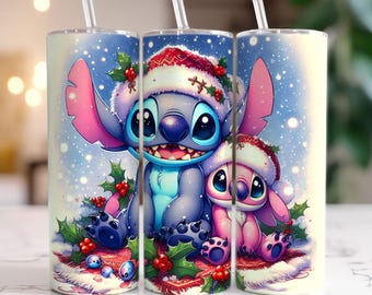 Vaso navideño retro acogedor con diseño de pareja de Lilo Stitch, vaso delgado de 20 oz, vaso navideño Stitch, vaso navideño, descarga PNG
