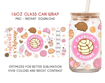 Cafecito Y Chisme 16 oz Libbey Glass Can Wrap, Mexico Conchas Glass Can PNG, Diseños de Sublimación, Regalo Mexicano, Conchita Descarga Digital