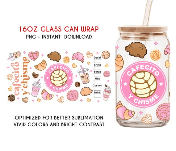 Cafecito Y Chisme 16 oz Libbey Glass Can Wrap, Mexico Conchas Glass Can PNG, Sublimation Designs, Mexican Gift, Conchita Digital Download