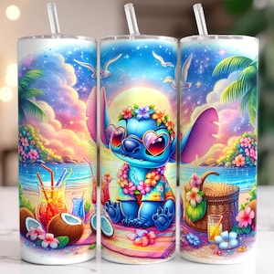Stitch Beach Vibes Tumbler, Kolorowy Cartoon Tumbler Wrap, 20oz Tumbler Wrap, Summer Beach Tumbler, Kwiatowy Tumbler, Plik cyfrowy PNG