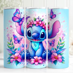May include: A blue and purple stainless steel tumbler with a floral design and a cartoon Stitch character. The tumbler has a white background with pink and blue butterflies.