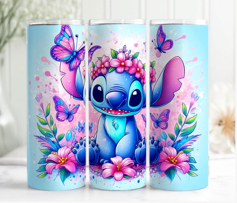 May include: A blue and purple stainless steel tumbler with a floral design and a cartoon Stitch character. The tumbler has a white background with pink and blue butterflies.