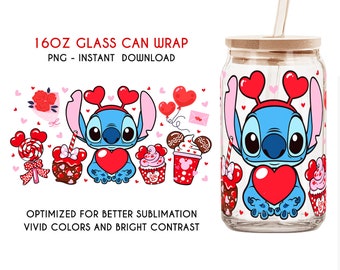 Cartoon Valentine 16oz Can Glass, Valentine Tumbler Wrap, Libbey Glass Can Wrap, Full Tumbler Wrap, Stitch Valentine, Png Descargar