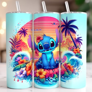 Stitch Floral Summer Vibes Tumbler, Kolorowy Cartoon Tumbler Wrap, 20oz Tumbler Wrap, Summer Beach Tumbler, Floral Tumbler, Plik cyfrowy PNG