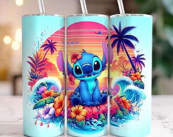 Stitch Floral Summer Vibes Tumbler, Colorful Cartoon Tumbler Wrap, 20oz Tumbler Wrap, Summer Beach Tumbler, Floral Tumbler, Digital File PNG