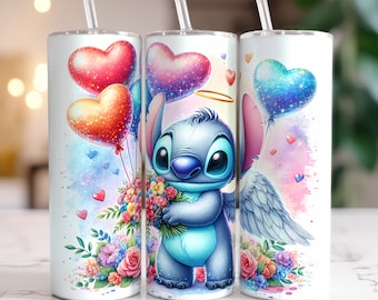 Cartoon Valentine Tumbler Wrap, Stitch Balloons Valentine Tumbler Wrap, 20oz Stitch Valentine Tumbler, Happy Valentine Day,PNG Download