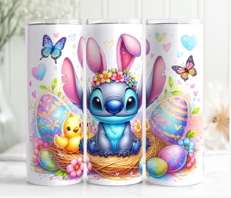May include: A blue and gray Stitch character wearing a flower crown and bunny ears, holding a pastel Easter egg. The character is sitting in a nest with a yellow chick and surrounded by pastel Easter eggs and butterflies.