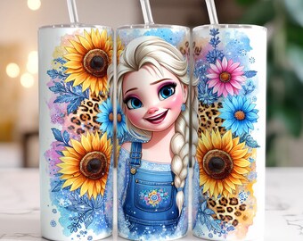 Cartoon Princess Leopard Floral Tumbler Wrap, 20oz Skinny Tumbler, Princess Tumbler Wrap png,Tumbler Sublimation,Princess floral Tumbler PNG