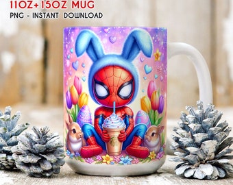 Hero Bunny Easter Ice Latte Coffee Mug Wrap, 11oz 15oz Kubek, Pełne opakowanie kubka, Kreskówkowy kubek wielkanocny, Pełne opakowanie kubka, Sublimacja kubka PNG