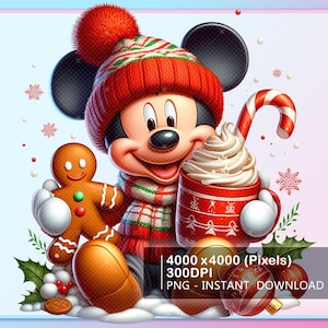 May include: A cartoon Mickey Mouse wearing a red and white Santa hat, holding a red mug with white whipped cream and a candy cane. He is standing next to a gingerbread man and a red and white Christmas ornament.