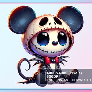 May include: A cartoon mouse character with large blue eyes, wearing a skull-like mask and a black and white striped suit with a red bow tie. The mouse has large black ears and a stitched mouth. The image includes text that reads "4000 x 4000 (Pixels) 300DPI PNG - INSTANT DOWNLOAD."