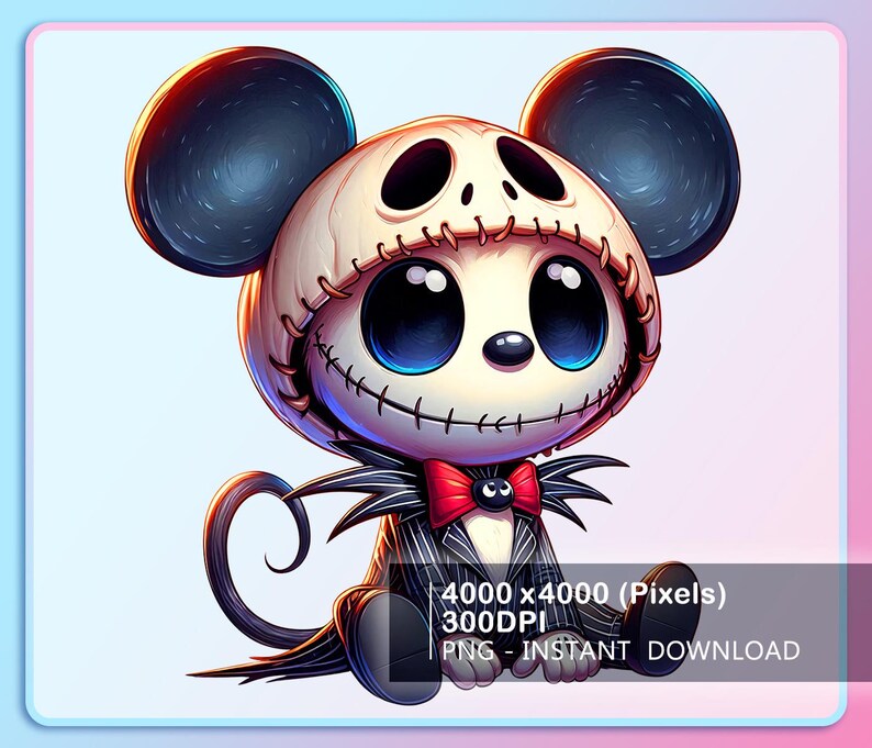 May include: A cartoon mouse character with large blue eyes, wearing a skull-like mask and a black and white striped suit with a red bow tie. The mouse has large black ears and a stitched mouth. The image includes text that reads "4000 x 4000 (Pixels) 300DPI PNG - INSTANT DOWNLOAD."