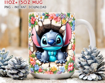 Stitch Mug Wrap, 11oz 15oz Mug Wrap, Cartoon Floral Mug Wrap, Mug Sublimation, Spring  Mug Wrap, Stitch Mug Wrap Png, Instant Download