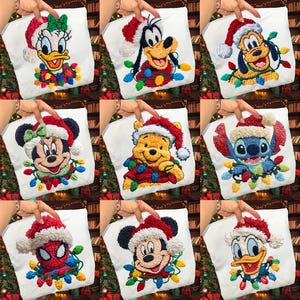 May include: A collection of white tote bags, each embroidered with a different cartoon character in a Santa hat and Christmas lights. Characters include Mickey Mouse, Minnie Mouse, Donald Duck, Daisy Duck, Goofy, Pluto, Winnie the Pooh, Stitch, and Spider-Man.