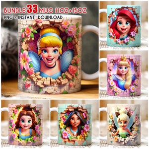 Bundle 33 Princess Floral Mug Wrap Png, 11oz Mug 15oz Mug, Princess Mug Wrap, 3D Mug Wrap, 3D  Bundle Mug,Instant Download