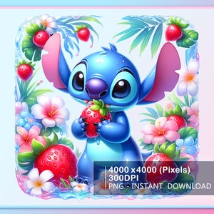 Stitch Floral Strawberries Watercolor Splash, Cartoon Graphics and Artwork, Rainbow Aesthetic, PNG Cute Stitch,Digital File Instant Download