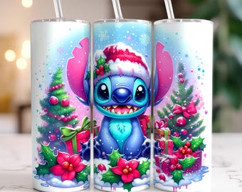 Hermoso vaso navideño Stitch Santa Claus PNG, vaso de 20 oz, vaso navideño Stitch PNG, Stitch Winter Vibes, vaso de sublimación PNG