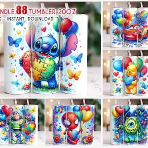 Bundle 88 Cartoon Autism Tumbler Wrap PNG, 20oz Skinny Tumbler, Autism Awareness Png, Be Kind Png, Puzzle Png, Autism Kid Png, Autism Png