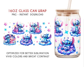 Stitch Can Glass Wrap, lata de vidrio Libbey de 16 oz, envoltura de vidrio de lata, dibujos animados 16 oz, envoltura de vidrio de lata PNG Descarga digital