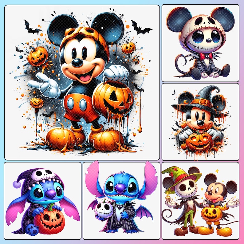 May include: A collection of Halloween-themed cartoon character illustrations. Mickey Mouse, Stitch, and other characters are depicted in spooky costumes, holding jack-o'-lanterns. The artwork features vibrant colors, bats, and pumpkin details, perfect for Halloween.