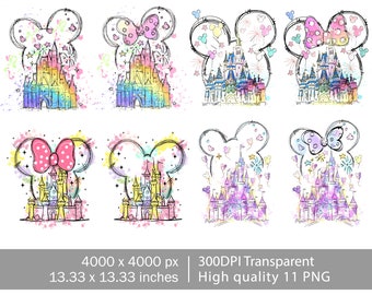 Bundle Magic Kingdom Png, Magic Castle Watercolor, Mouse Ear Castle Png, Retro Colorful Castle Png, Sublimation Design Png