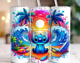Stitch Summer Watercolor Art Tumbler, 20oz skinny tumbler wrap, summer tumbler, beach tumbler, stitch tumbler png digital download