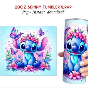 May include: A blue cartoon character with a flower crown, surrounded by pink flowers and butterflies, on a light blue background. This is a digital download for a 20 oz skinny tumbler wrap.