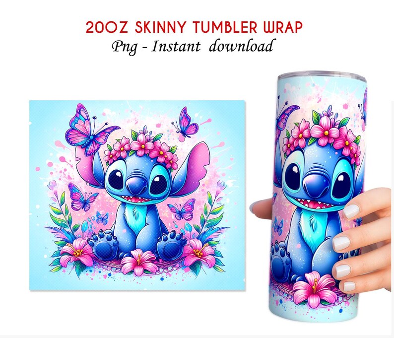 May include: A blue cartoon character with a flower crown, surrounded by pink flowers and butterflies, on a light blue background. This is a digital download for a 20 oz skinny tumbler wrap.