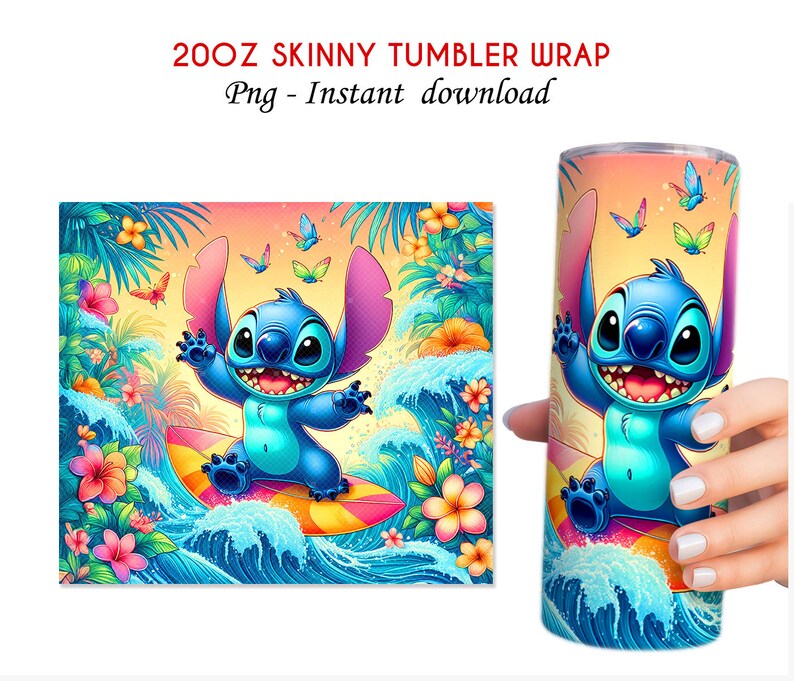 Pu&ograve; includere: Un involucro per bicchiere skinny da 20 oz con un personaggio dei cartoni animati Stitch che fa surf su un'onda con fiori tropicali e farfalle. L'involucro &egrave; un download digitale in formato PNG.