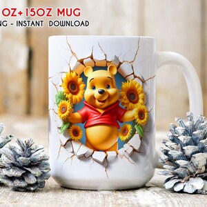 May include: White ceramic mug with a Winnie the Pooh design. Pooh is peeking out of a cracked wall with sunflowers around him. The mug is 11 oz and 15 oz.
