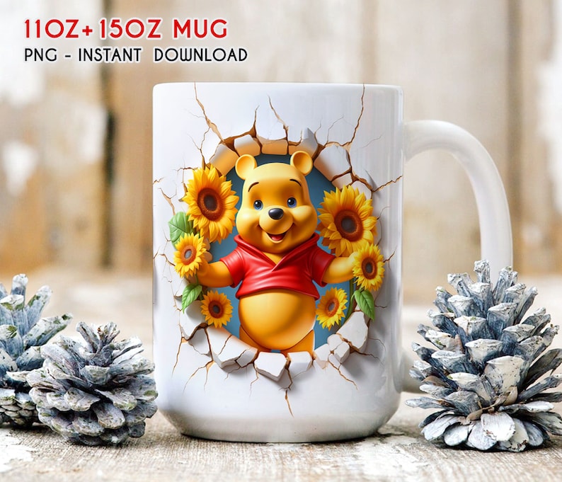 May include: White ceramic mug with a Winnie the Pooh design. Pooh is peeking out of a cracked wall with sunflowers around him. The mug is 11 oz and 15 oz.