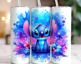 Stitch Tumbler Wrap, 20oz Tumbler, Tecknad Film Tumbler, Stitch Akvarell Design Png, 20oz Tumbler Sublimering, Digital Fil