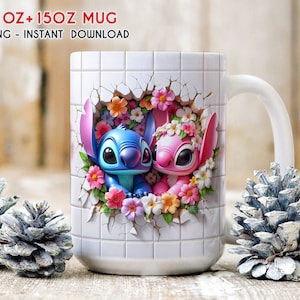 3D Stitch Angel Floral Mug Wrap, 3D Spring Mug Wrap, 11oz 15oz Mug Wrap, Mug Sublimation, Cartoon Mug Png, Digital File Download