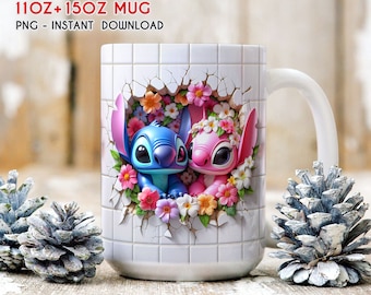 3D Stitch Angel Floral Kubek Wrap, 3D Spring Kubek Wrap, 11oz 15oz Kubek Wrap, Kubek Sublimacja, Kubek z kreskówek Png, Pobieranie Plików Cyfrowych