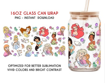 Princess Can Glass Wrap Png, 16oz Libbey Can Glass, Princess Tumbler, Can Glass Wrap, Cartoon Can Glass Png, Png file