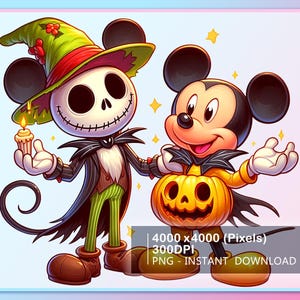 May include: A digital illustration featuring two cartoon characters in Halloween costumes. One character is dressed as Jack Skellington, holding a cupcake. The other is Mickey Mouse, dressed as a pumpkin. The image has a light blue and pink gradient background.
