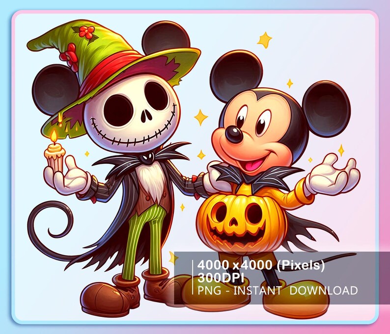 May include: A digital illustration featuring two cartoon characters in Halloween costumes. One character is dressed as Jack Skellington, holding a cupcake. The other is Mickey Mouse, dressed as a pumpkin. The image has a light blue and pink gradient background.