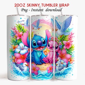 May include: A 20oz skinny tumbler wrap featuring Stitch and Angel from Lilo & Stitch. The design includes Stitch and Angel in a tropical setting with flowers, palm leaves, and seagulls. The background is a watercolor-style sky with pink and blue hues.
